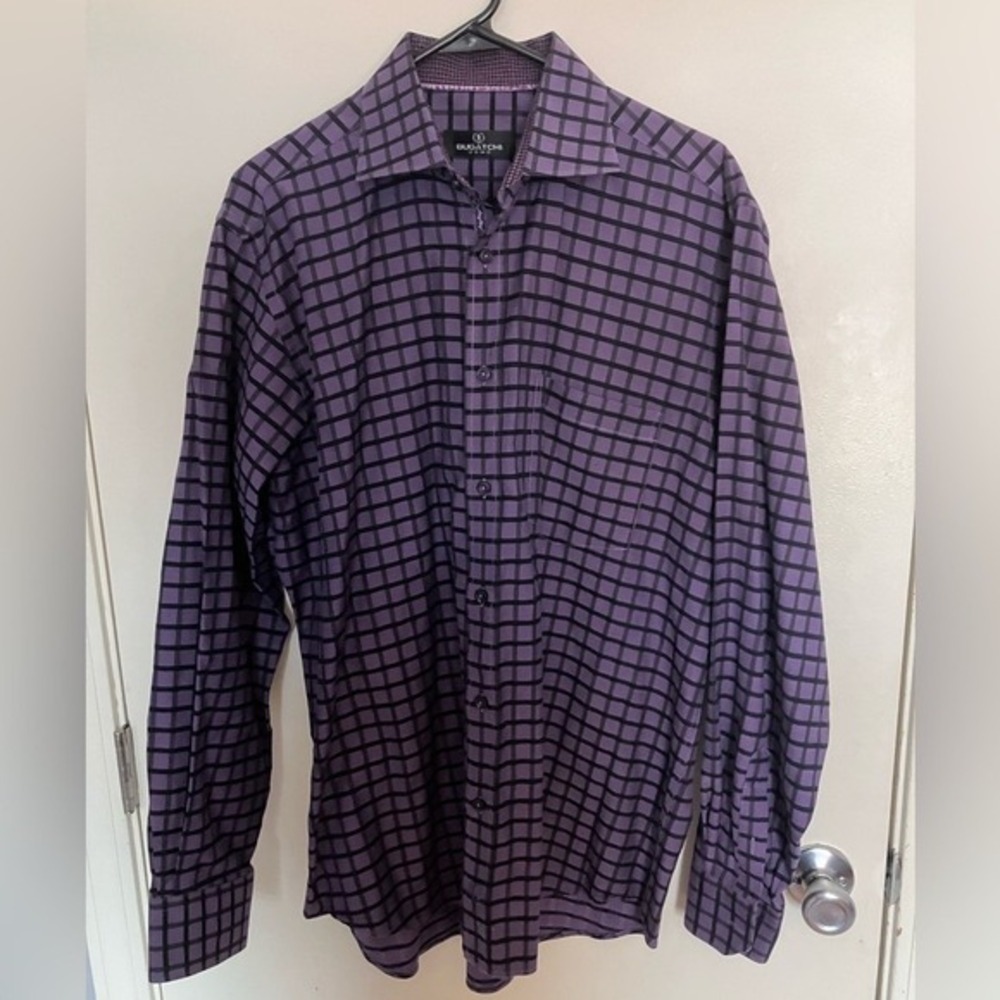 Bugatchi Men's Purple Grid 100% Cotton‎ Button Down Shirt XL Capsule Wardrobe